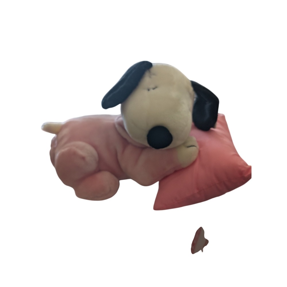 Peanuts Snoopy Sleeping on Pink Pillow Plush Toy Pink Pajamas Bedtime Beagle F4